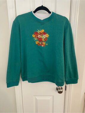 Teal Floral Embroidered Crewneck Sweater